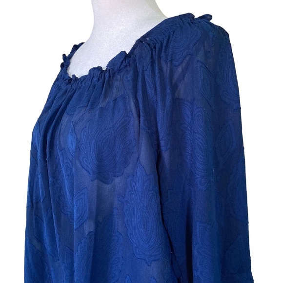 MICHAEL Michael Kors Navy Blue Leaf Jacquard Off-The-Shoulder Blouse (Size L) - Picture 7 of 16